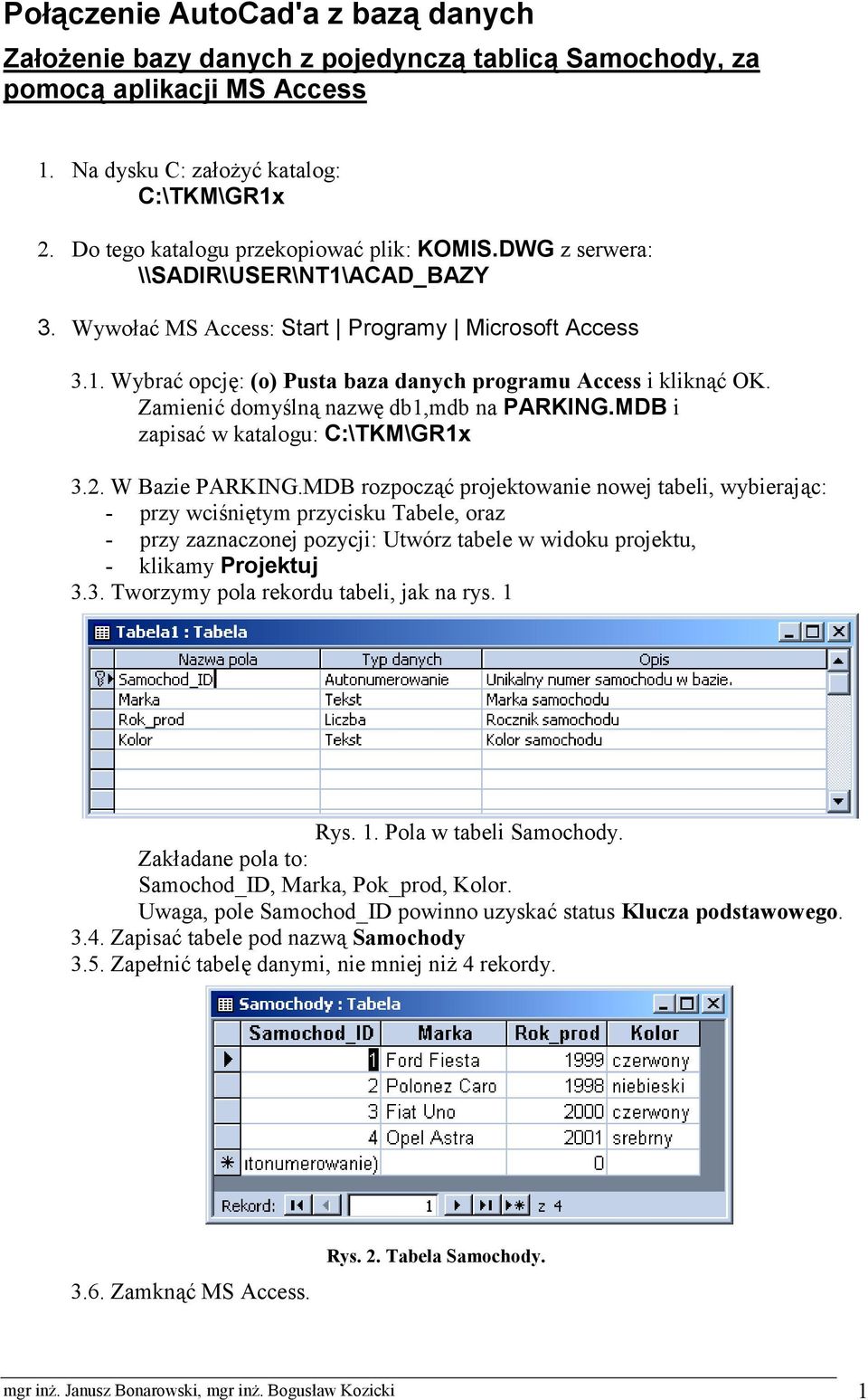 Zamienić domyślną nazwę db1,mdb na PARKING.MDB i zapisać w katalogu: C:\TKM\GR1x 3.2. W Bazie PARKING.