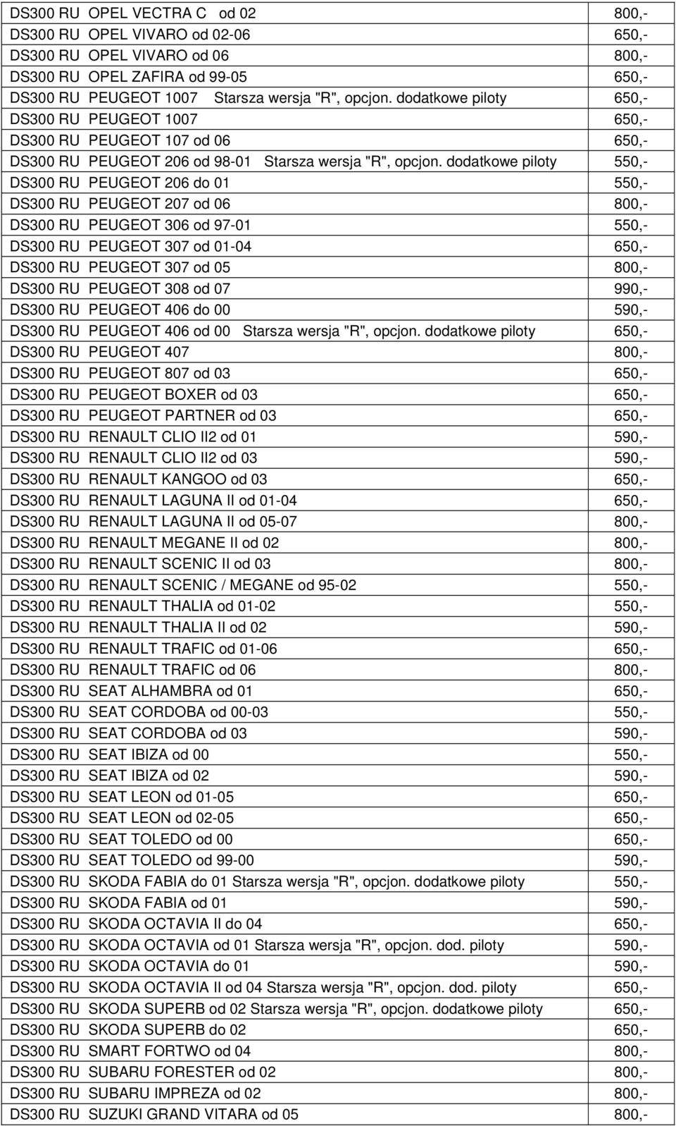 dodatkowe piloty 550,- DS300 RU PEUGEOT 206 do 01 550,- DS300 RU PEUGEOT 207 od 06 800,- DS300 RU PEUGEOT 306 od 97-01 550,- DS300 RU PEUGEOT 307 od 01-04 650,- DS300 RU PEUGEOT 307 od 05 800,- DS300