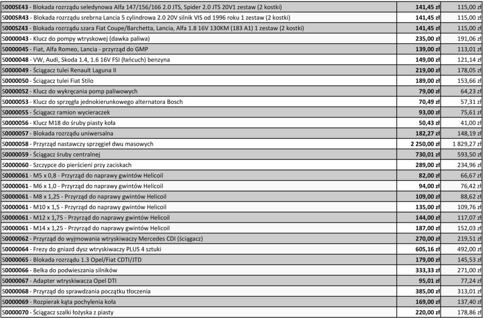 816V 130KM (183 A1) 1 zestaw (2 kostki) 141,45 zł 115,00 zł S0000043 - Klucz do pompy wtryskowej (dawka paliwa) 235,00 zł 191,06 zł S0000045 - Fiat, Alfa Romeo, Lancia - przyrząd do GMP 139,00 zł