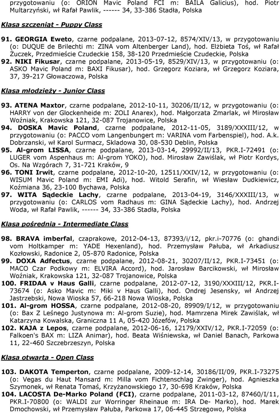 Elżbieta Toś, wł Rafał Żuczek, Przedmieście Czudeckie 158, 38-120 Przedmieście Czudeckie, Polska 92.