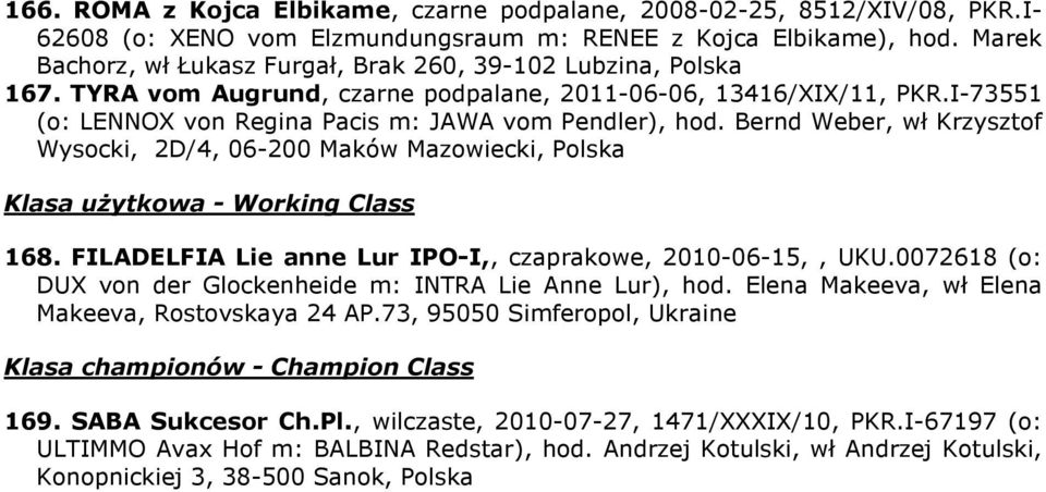 Bernd Weber, wł Krzysztof Wysocki, 2D/4, 06-200 Maków Mazowiecki, Polska Klasa użytkowa - Working Class 168. FILADELFIA Lie anne Lur IPO-I,, czaprakowe, 2010-06-15,, UKU.