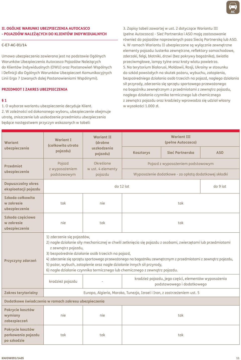 Przedmiot i zakres ubezpieczenia 1 1. O wyborze wariantu ubezpieczenia decyduje Klient. 2.