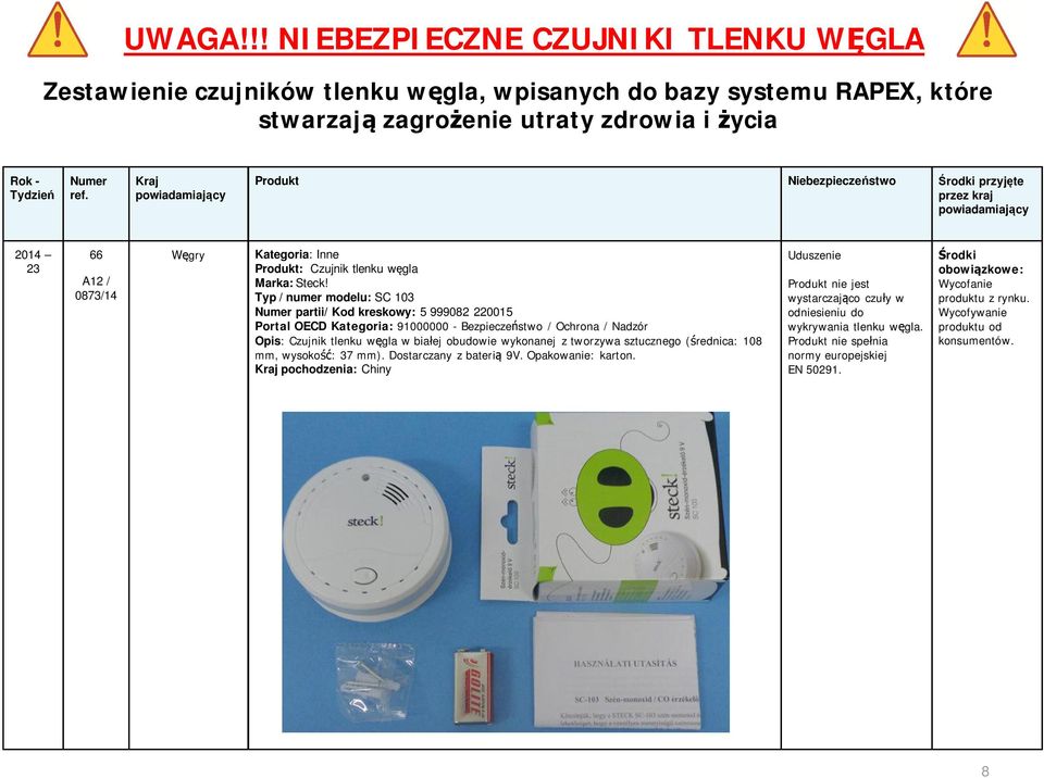 Opis: Czujnik tlenku w gla w bia ej obudowie wykonanej z tworzywa sztucznego ( rednica: 108 mm, wysoko : 37 mm).