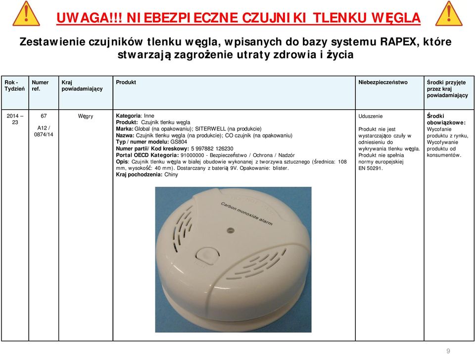 Czujnik tlenku w gla w bia ej obudowie wykonanej z tworzywa sztucznego ( rednica: 108 mm, wysoko : 40 mm). Dostarczany z bateri 9V. Opakowanie: blister.