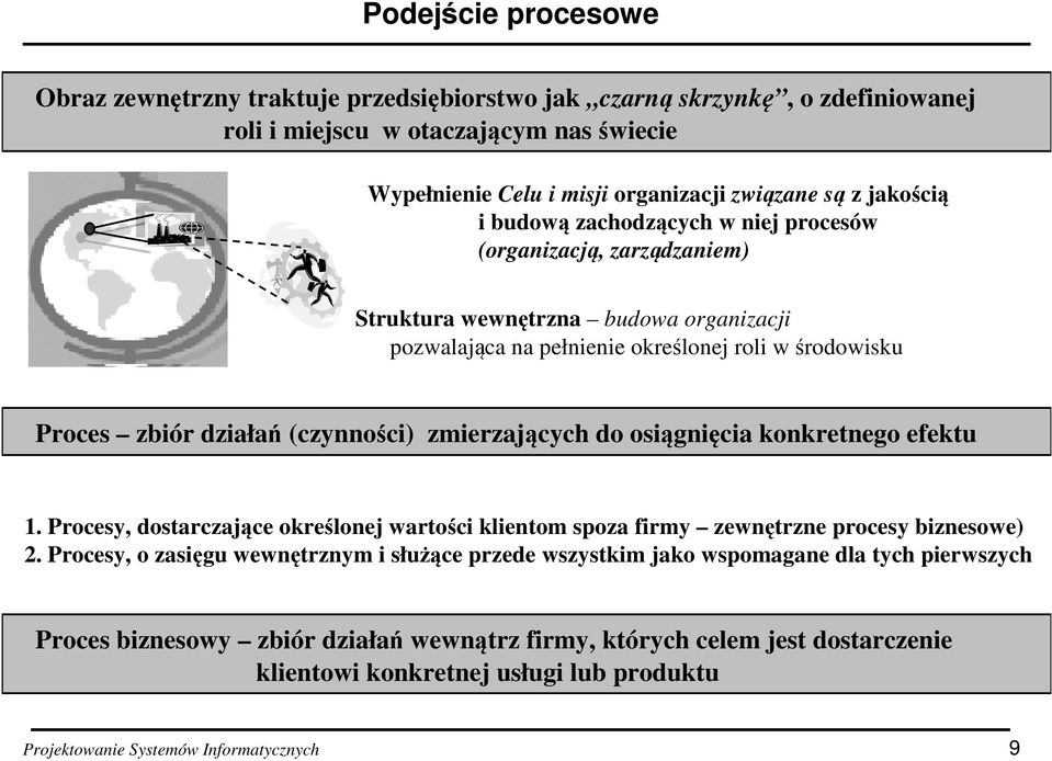 (czynności) zmierzających do osiągnięcia konkretnego efektu 1. Procesy, dostarczające określonej wartości klientom spoza firmy zewnętrzne procesy biznesowe) 2.