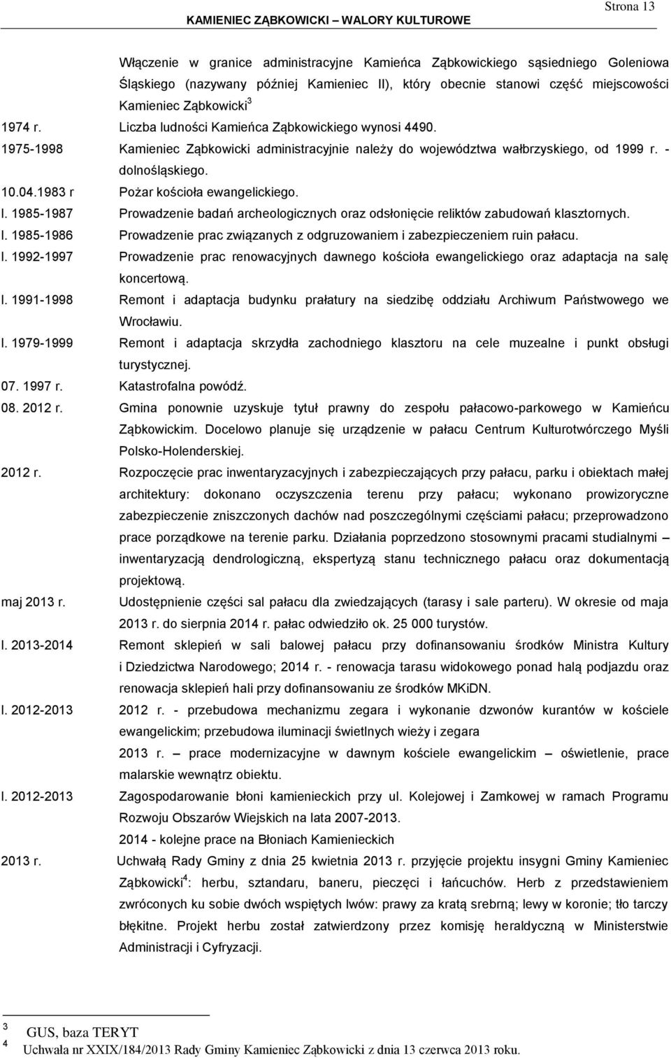 1983 r Pożar kościoła ewangelickiego. l. 1985-1987 Prowadzenie badań archeologicznych oraz odsłonięcie reliktów zabudowań klasztornych. l. 1985-1986 Prowadzenie prac związanych z odgruzowaniem i zabezpieczeniem ruin pałacu.