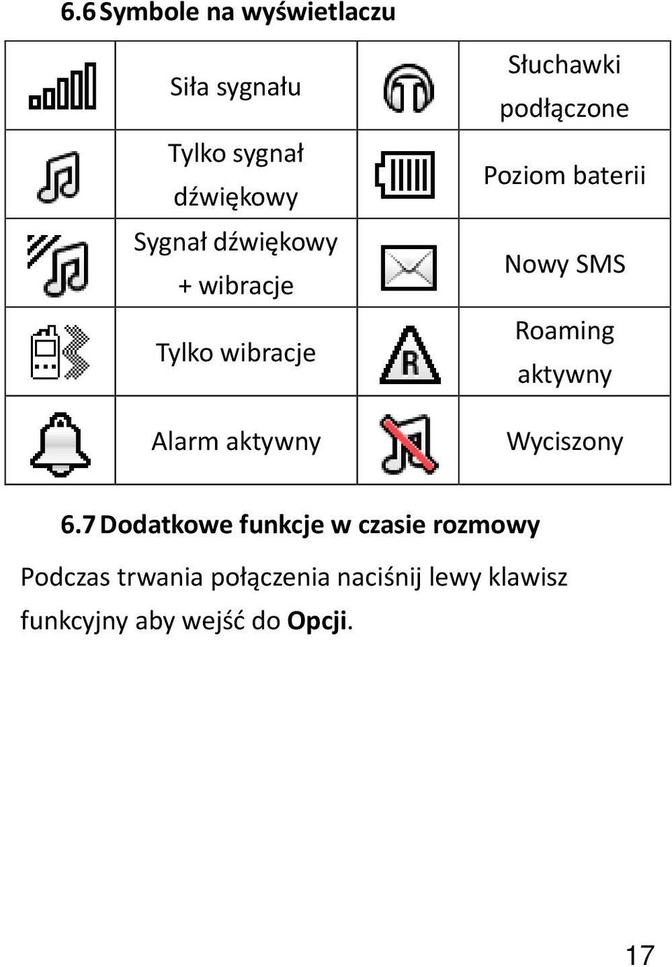 baterii Nowy SMS Roaming aktywny Wyciszony 6.