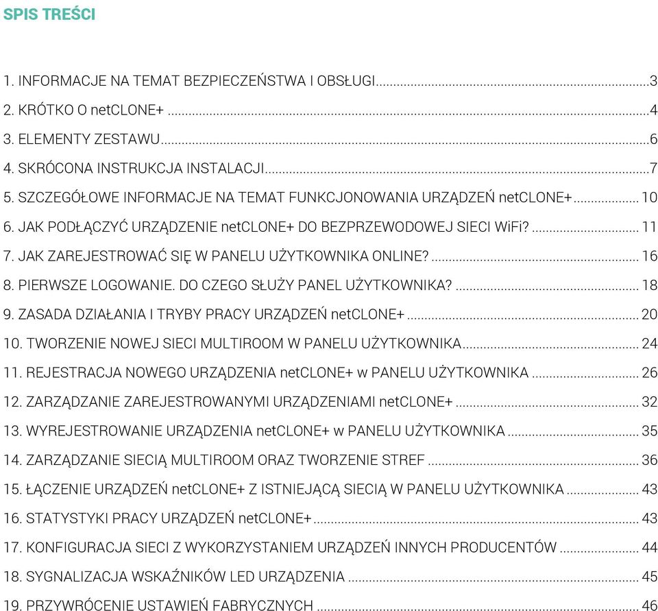 ... 16 8. PIERWSZE LOGOWANIE. DO CZEGO SŁUŻY PANEL UŻYTKOWNIKA?... 18 9. ZASADA DZIAŁANIA I TRYBY PRACY URZĄDZEŃ netclone+... 20 10. TWORZENIE NOWEJ SIECI MULTIROOM W PANELU UŻYTKOWNIKA... 24 11.