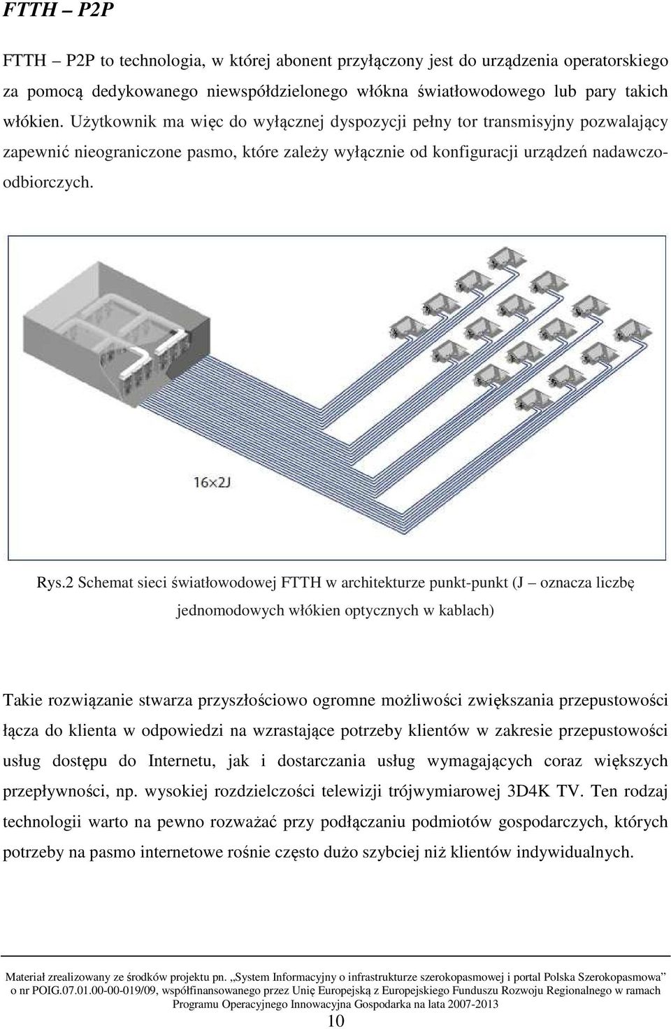 2 Schemat sieci światłowodowej FTTH w architekturze punkt-punkt (J oznacza liczbę jednomodowych włókien optycznych w kablach) Takie rozwiązanie stwarza przyszłościowo ogromne możliwości zwiększania