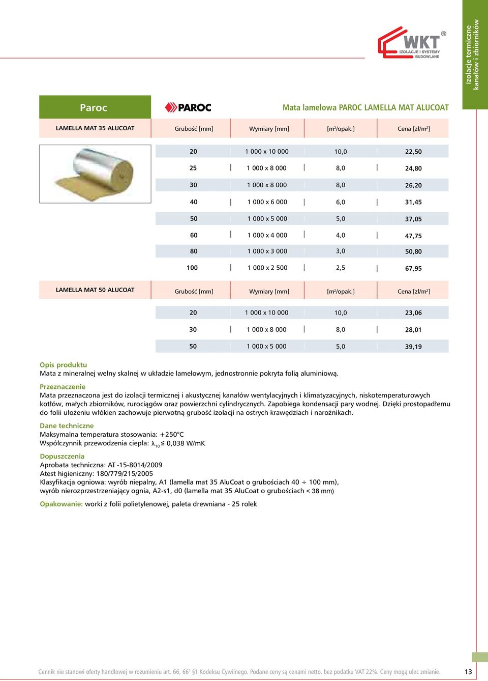 4,0 50,80 100 1 000 x 2 500 2,5 67,95 LAMELLA MAT 50 ALUCOAT Grubość [m 2 /opak.