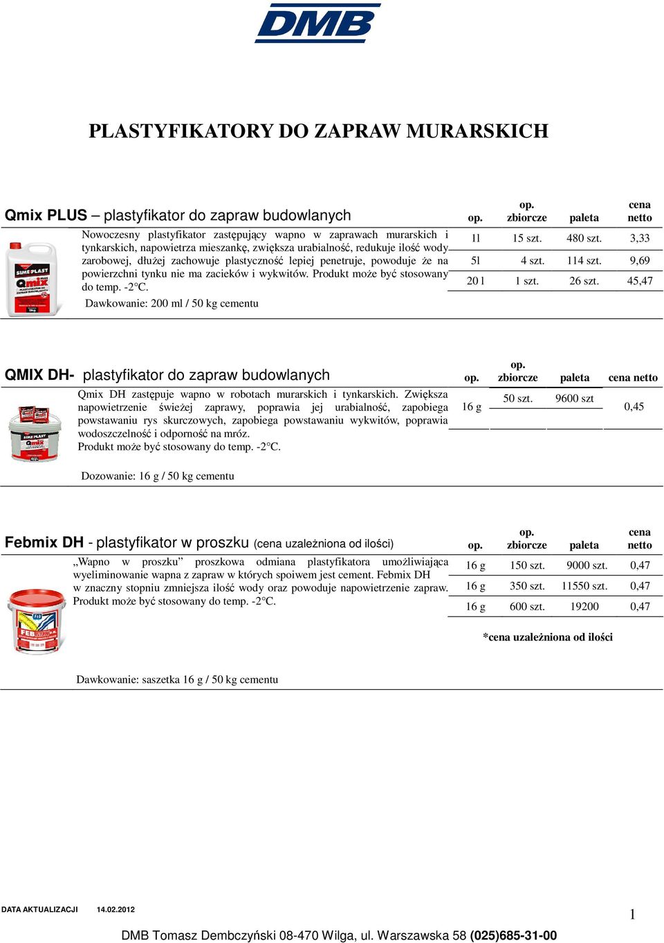 Dawkowanie: 200 ml / 50 kg cementu 1l 15 szt. 480 szt. 3,33 5l 4 szt. 114 szt. 9,69 20 l 1 szt. 26 szt.