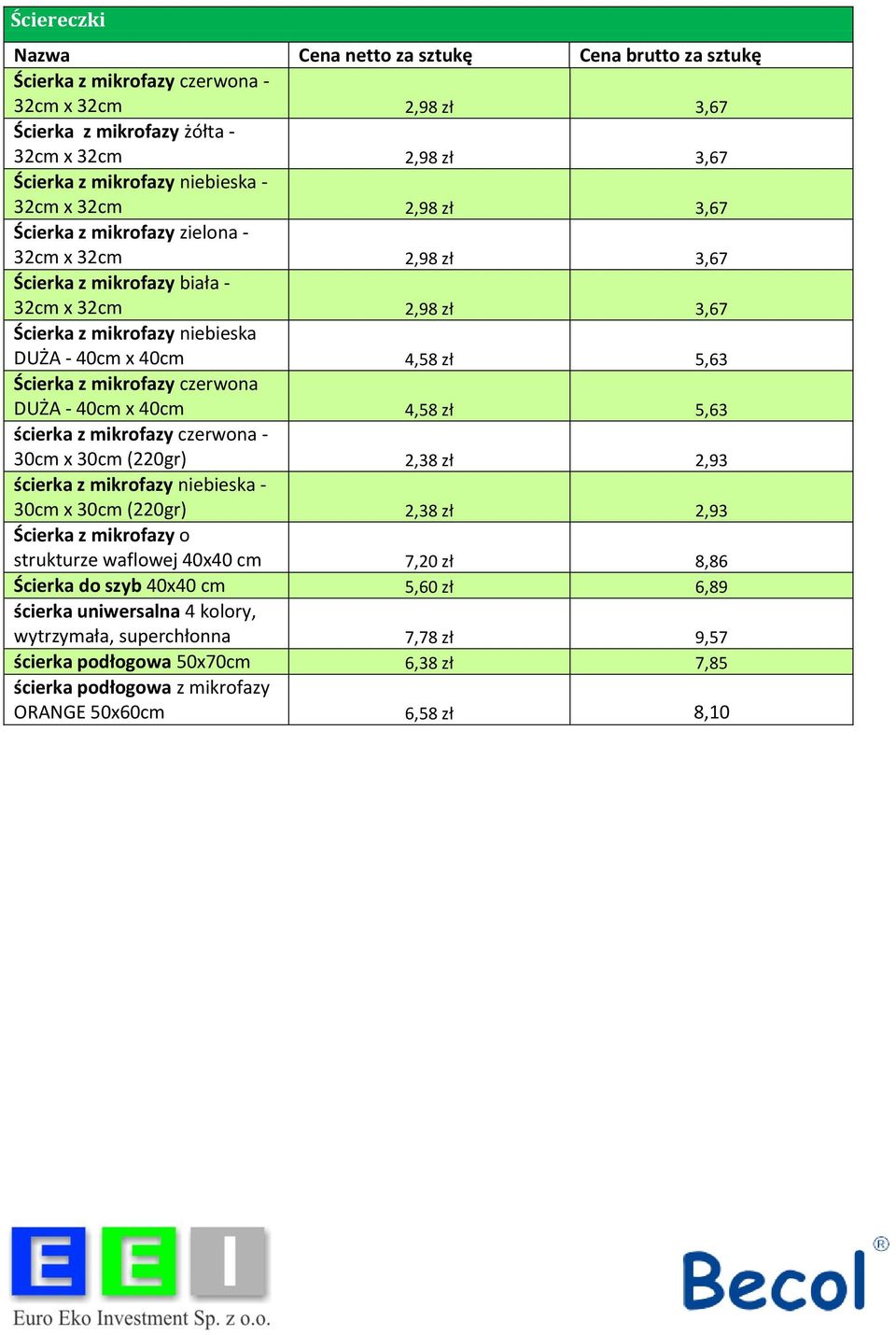 40 x 40 4,58 zł 5,63 ścierka z mikrofazy czerwona - 30 x 30 (220gr) 2,38 zł 2,93 ścierka z mikrofazy niebieska - 30 x 30 (220gr) 2,38 zł 2,93 Ścierka z mikrofazy o strukturze waflowej 40x40 7,20 zł