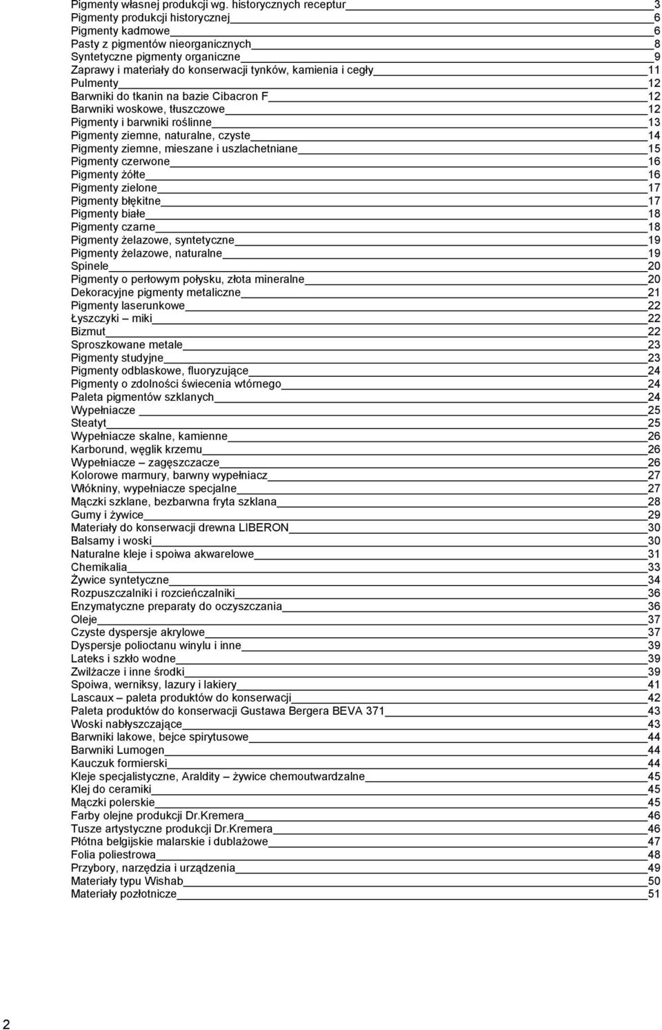 i cegły 11 Pulmenty 12 Barwniki do tkanin na bazie Cibacron F 12 Barwniki woskowe, tłuszczowe 12 Pigmenty i barwniki roślinne 13 Pigmenty ziemne, naturalne, czyste 14 Pigmenty ziemne, mieszane i