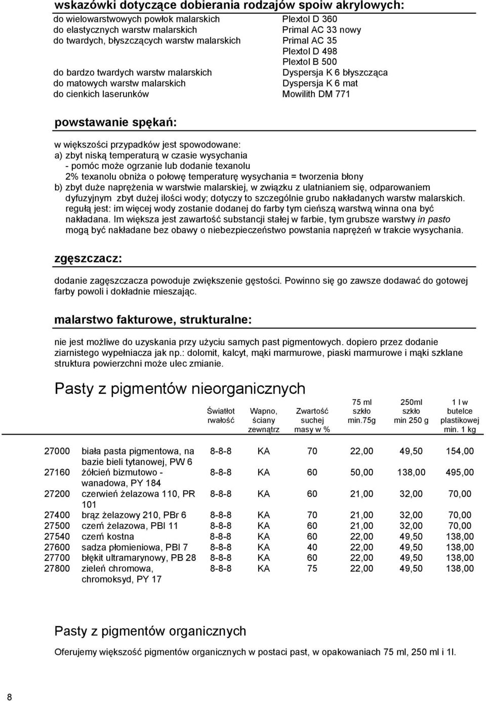 771 powstawanie spękań: w większości przypadków jest spowodowane: a) zbyt niską temperaturą w czasie wysychania - pomóc może ogrzanie lub dodanie texanolu 2% texanolu obniża o połowę temperaturę