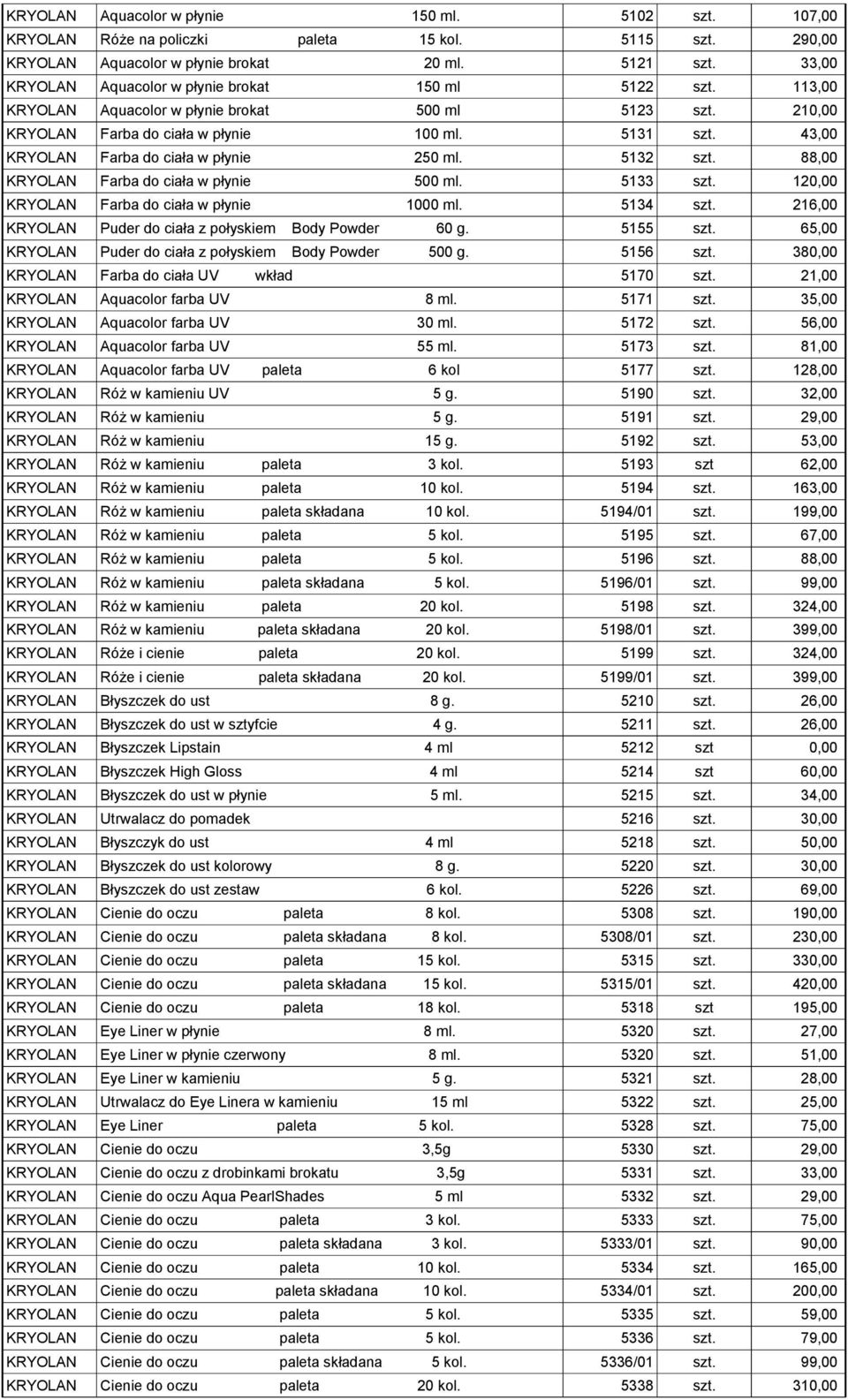 43,00 KRYOLAN Farba do ciała w płynie 250 ml. 5132 szt. 88,00 KRYOLAN Farba do ciała w płynie 5133 szt. 120,00 KRYOLAN Farba do ciała w płynie 5134 szt.