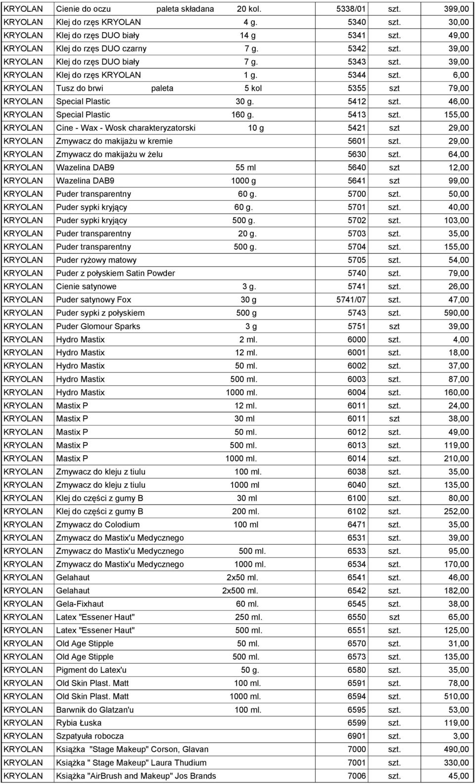 6,00 KRYOLAN Tusz do brwi paleta 5 kol 5355 szt 79,00 KRYOLAN Special Plastic 30 g. 5412 szt. 46,00 KRYOLAN Special Plastic 160 g. 5413 szt.