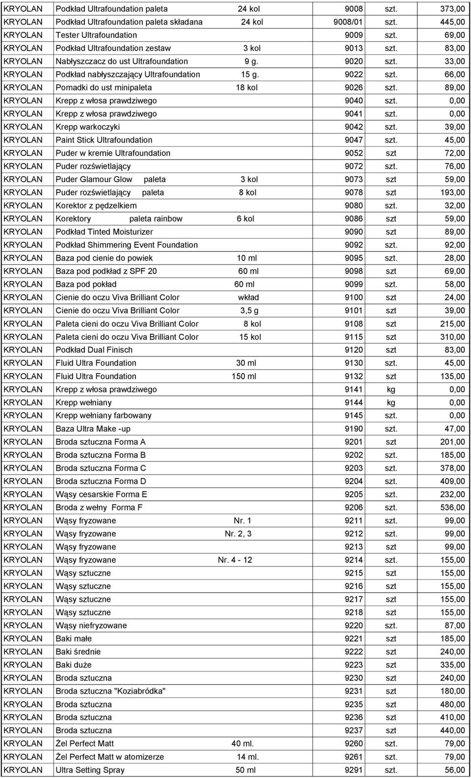 66,00 KRYOLAN Pomadki do ust minipaleta 18 kol 9026 szt. 89,00 KRYOLAN Krepp z włosa prawdziwego 9040 szt. 0,00 KRYOLAN Krepp z włosa prawdziwego 9041 szt. 0,00 KRYOLAN Krepp warkoczyki 9042 szt.