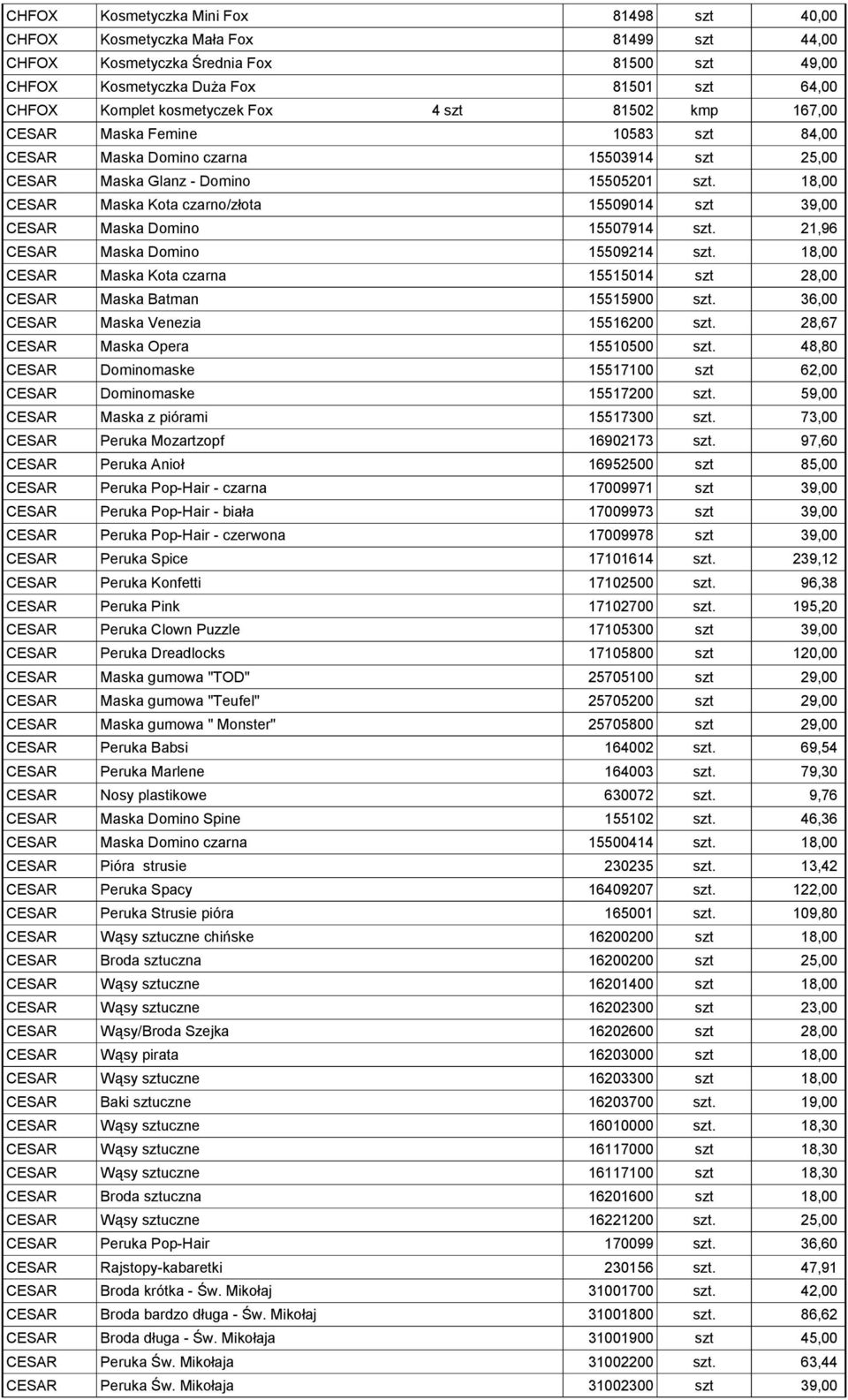 18,00 CESAR Maska Kota czarno/złota 15509014 szt 39,00 CESAR Maska Domino 15507914 szt. 21,96 CESAR Maska Domino 15509214 szt.