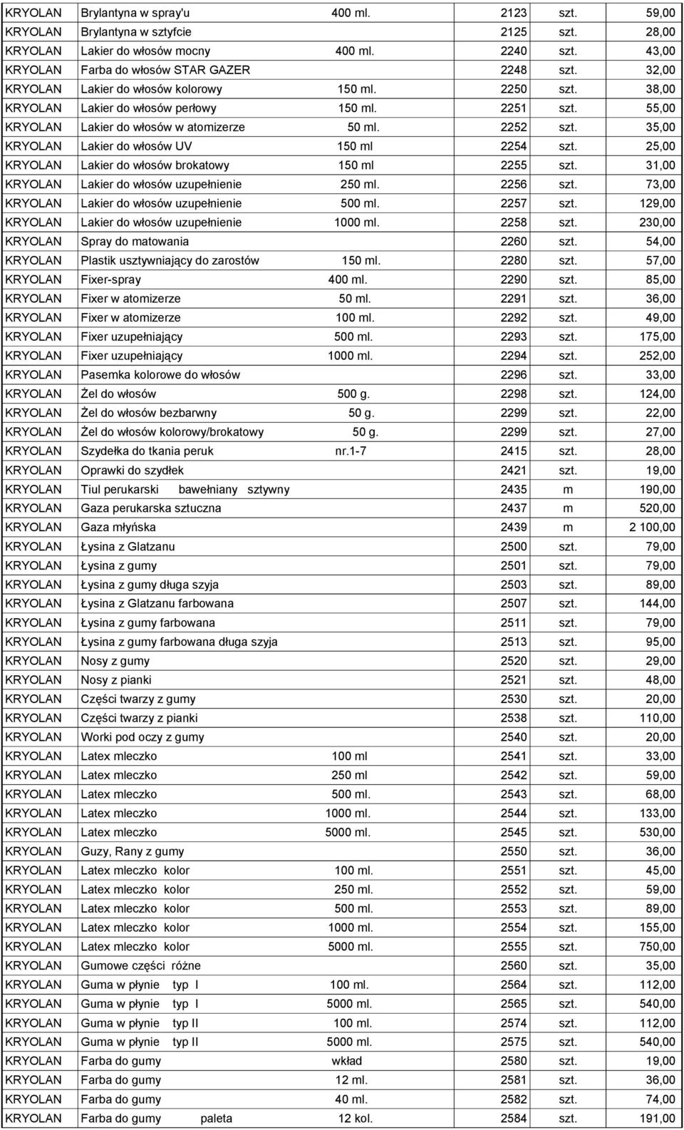 35,00 KRYOLAN Lakier do włosów UV 150 ml 2254 szt. 25,00 KRYOLAN Lakier do włosów brokatowy 150 ml 2255 szt. 31,00 KRYOLAN Lakier do włosów uzupełnienie 250 ml. 2256 szt.