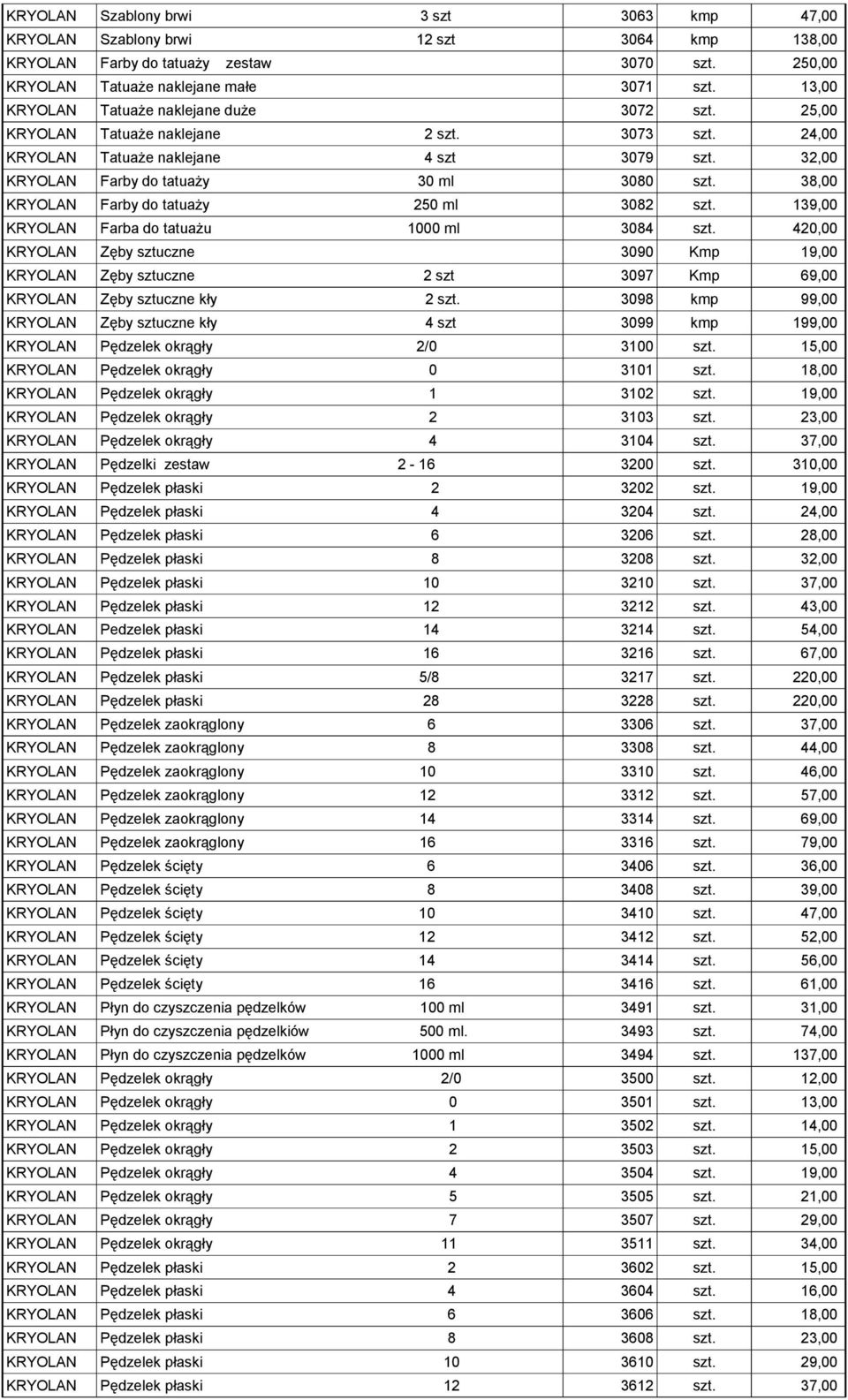 38,00 KRYOLAN Farby do tatuaży 250 ml 3082 szt. 139,00 KRYOLAN Farba do tatuażu 1000 ml 3084 szt.