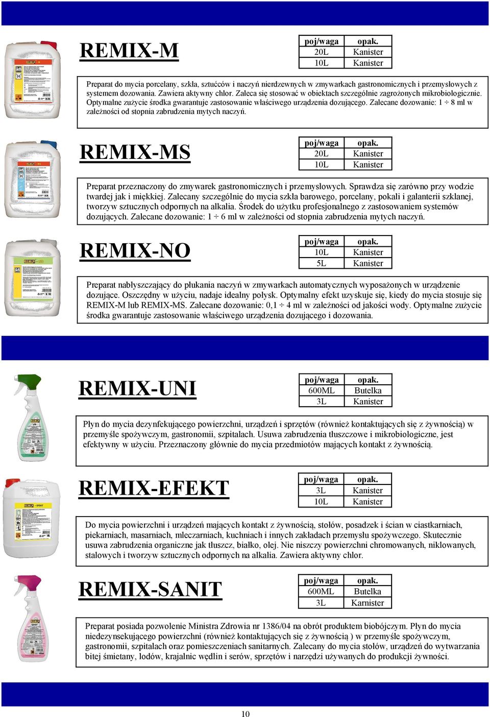 Zalecane dozowanie: 1 8 ml w zależności od stopnia zabrudzenia mytych naczyń. 20L 10L REMIX-MS Preparat przeznaczony do zmywarek gastronomicznych i przemysłowych.