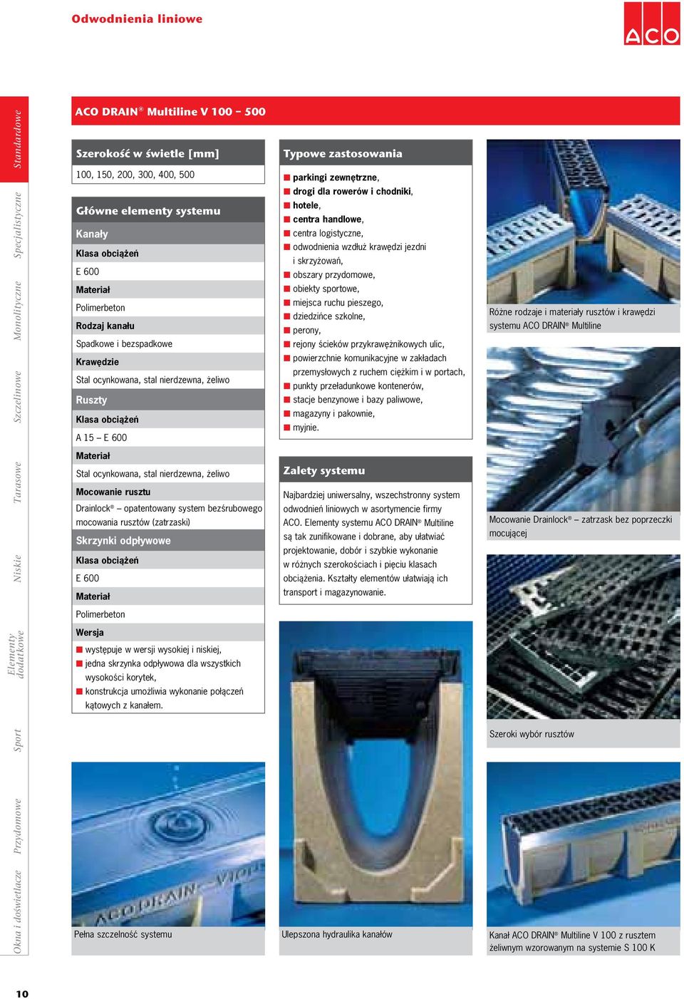 rusztu Drainlock opatentowany system bezśrubowego mocowania rusztów (zatrzaski) Skrzynki odpływowe Klasa obciążeń E 600 Materiał Polimerbeton Wersja n występuje w wersji wysokiej i niskiej, n jedna