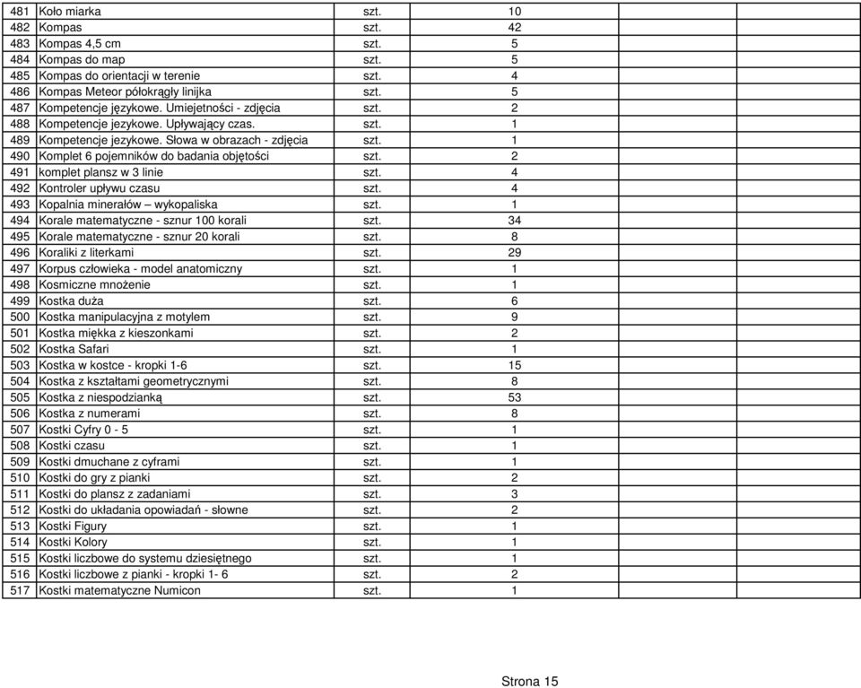 2 491 komplet plansz w 3 linie szt. 4 492 Kontroler upływu czasu szt. 4 493 Kopalnia minerałów wykopaliska 494 Korale matematyczne - sznur 100 korali szt.