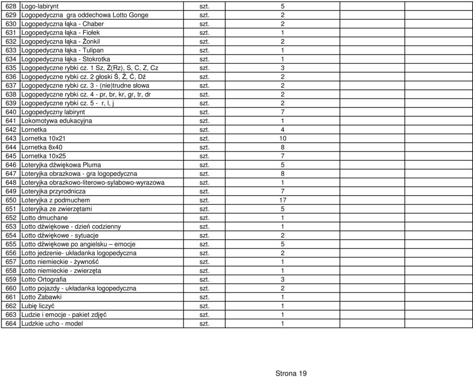 2 637 Logopedyczne rybki cz. 3 - (nie)trudne słowa szt. 2 638 Logopedyczne rybki cz. 4 - pr, br, kr, gr, tr, dr szt. 2 639 Logopedyczne rybki cz. 5 - r, l, j szt. 2 640 Logopedyczny labirynt szt.