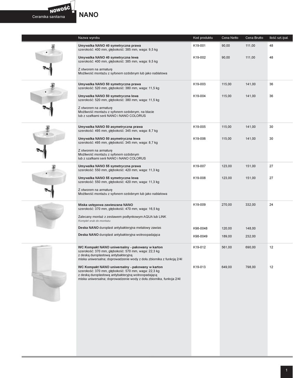 waga: 11,5 kg K19-003 115,00 141,00 36 Umywalka NANO 50 symetryczna lewa szerokość: 520 mm, głębokość: 380 mm, waga: 11,5 kg K19-004 115,00 141,00 36 Z otworem na armaturę Możliwość montażu z syfonem