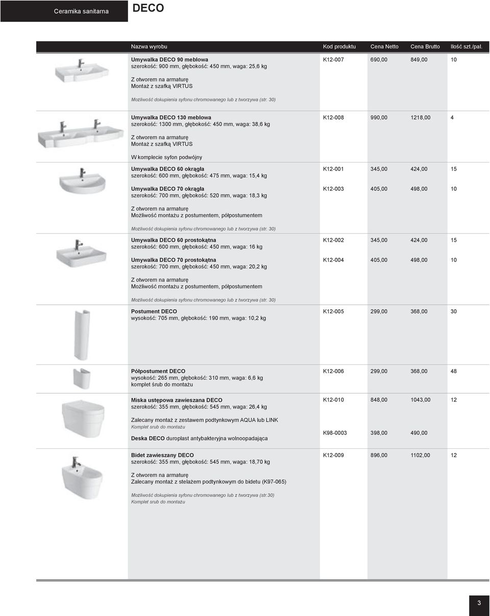 30) Umywalka DECO 130 meblowa szerokość: 1300 mm, głębokość: 450 mm, waga: 38,6 kg K12-008 990,00 1218,00 4 Z otworem na armaturę Montaż z szafką VIRTUS W komplecie syfon podwójny Umywalka DECO 60