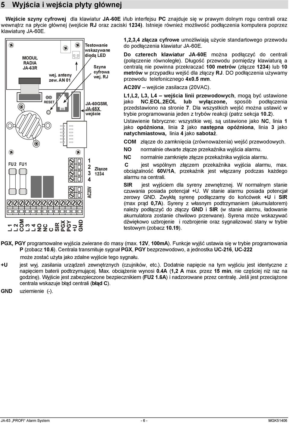 RJ JA-60GSM, JA-65X wejście Złącze 1234 1,2,3,4 złącza cyfrowe umożliwiają użycie standartowego przewodu do podłączenia klawiatur JA-60E.