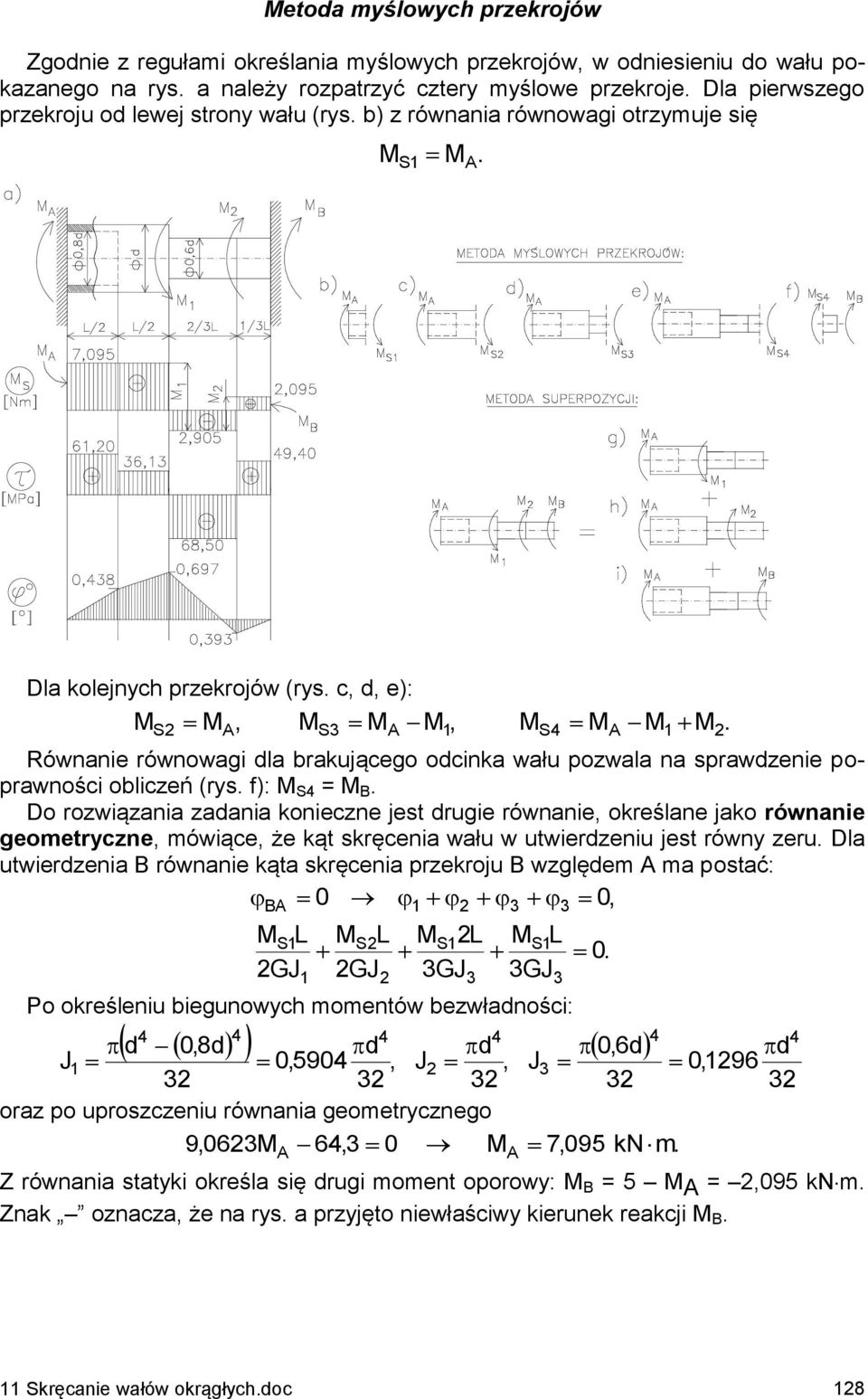 f): = B Do rozwiązania zadania konieczne jest drugie równanie określane jako równanie geometryczne mówiące że kąt skręcenia wału w utwierdzeniu jest równy zeru Dla utwierdzenia B równanie kąta