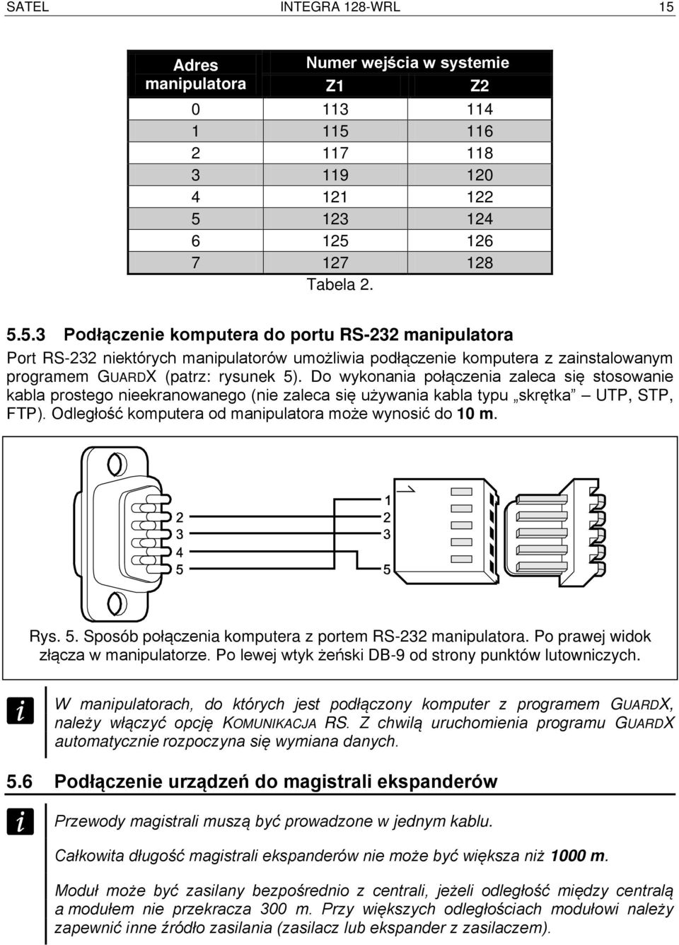 5. Sposób połączenia komputera z portem RS-232 manipulatora. Po prawej widok złącza w manipulatorze. Po lewej wtyk żeński DB-9 od strony punktów lutowniczych.