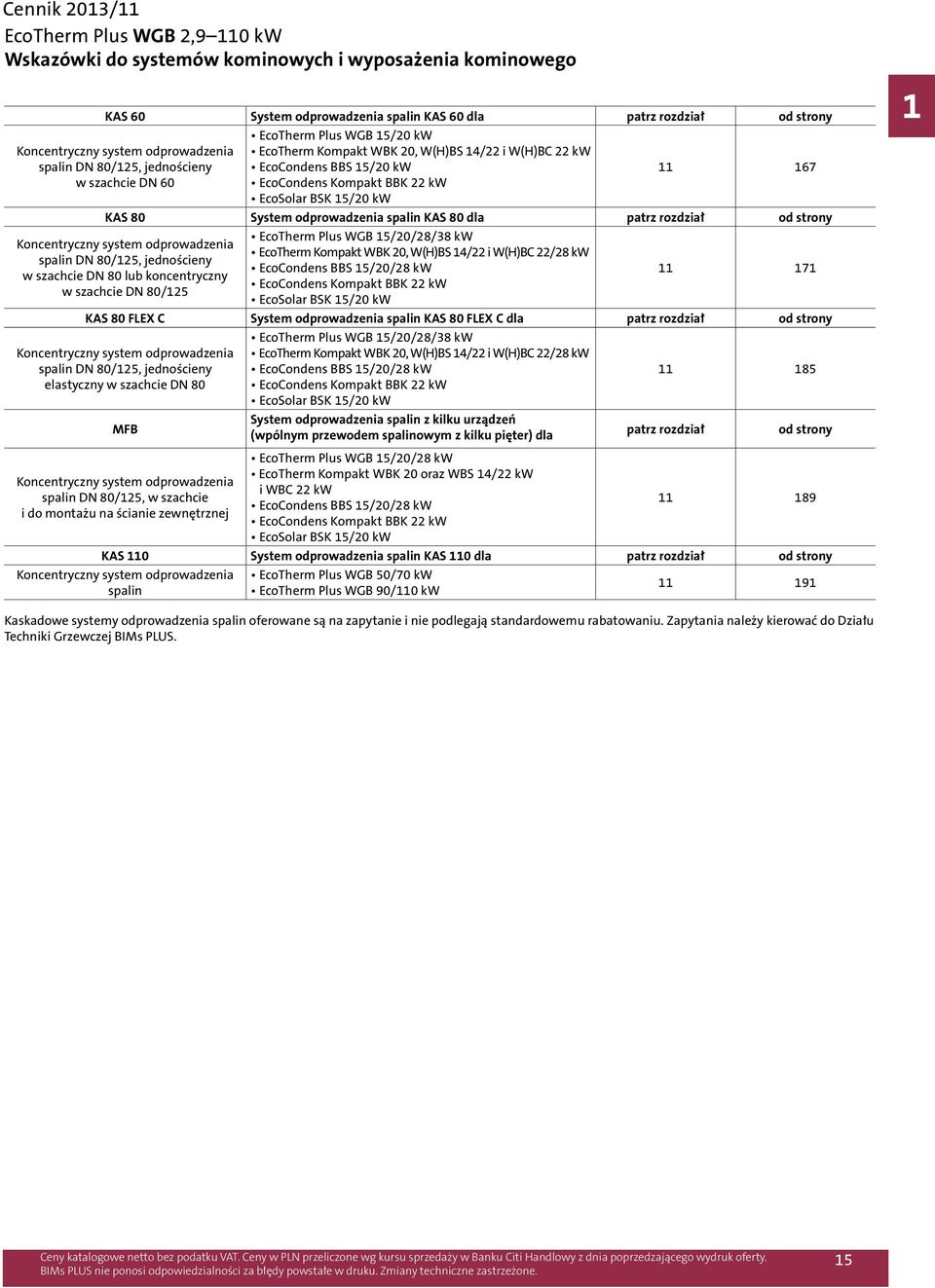 167 KAS 80 System odprowadzenia spalin KAS 80 dla patrz rozdział od strony Koncentryczny system odprowadzenia spalin DN 80/125, jednościeny w szachcie DN 80 lub koncentryczny w szachcie DN 80/125