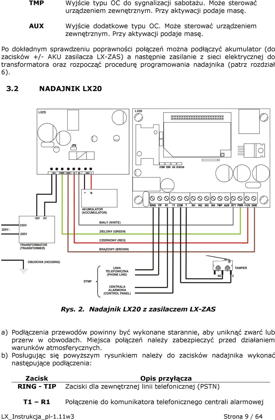 Po dokładnym sprawdzeniu poprawności połączeń moŝna podłączyć akumulator (do zacisków +/- AKU zasilacza LX-ZAS) a następnie zasilanie z sieci elektrycznej do transformatora oraz rozpocząć procedurę