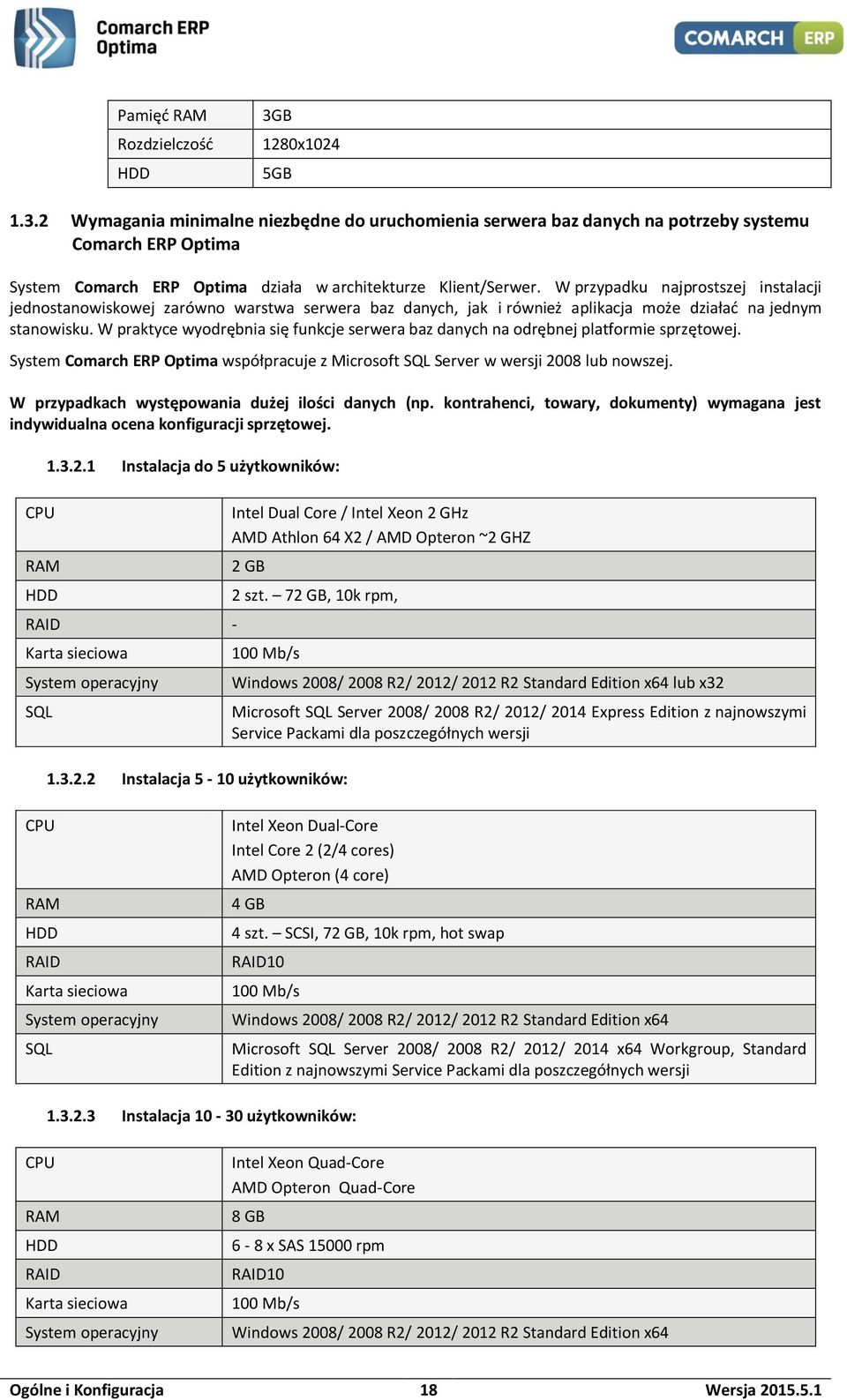 W praktyce wyodrębnia się funkcje serwera baz danych na odrębnej platformie sprzętowej. System Comarch ERP Optima współpracuje z Microsoft SQL Server w wersji 2008 lub nowszej.