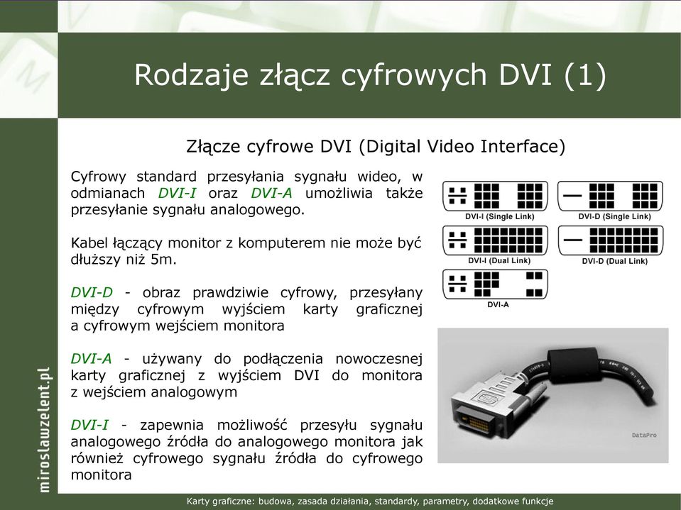 DVI-D - obraz prawdziwie cyfrowy, przesyłany między cyfrowym wyjściem karty graficznej a cyfrowym wejściem monitora DVI-A - używany do podłączenia nowoczesnej
