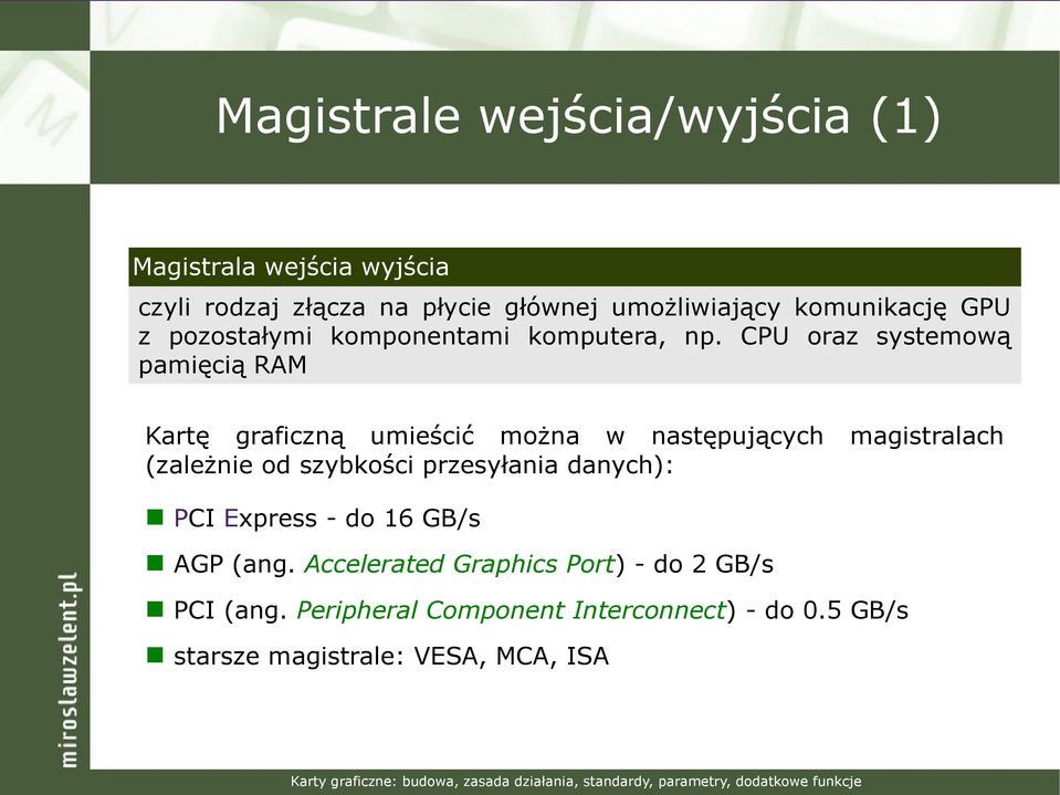 CPU oraz systemową pamięcią RAM Kartę graficzną umieścić można w następujących (zależnie od szybkości przesyłania