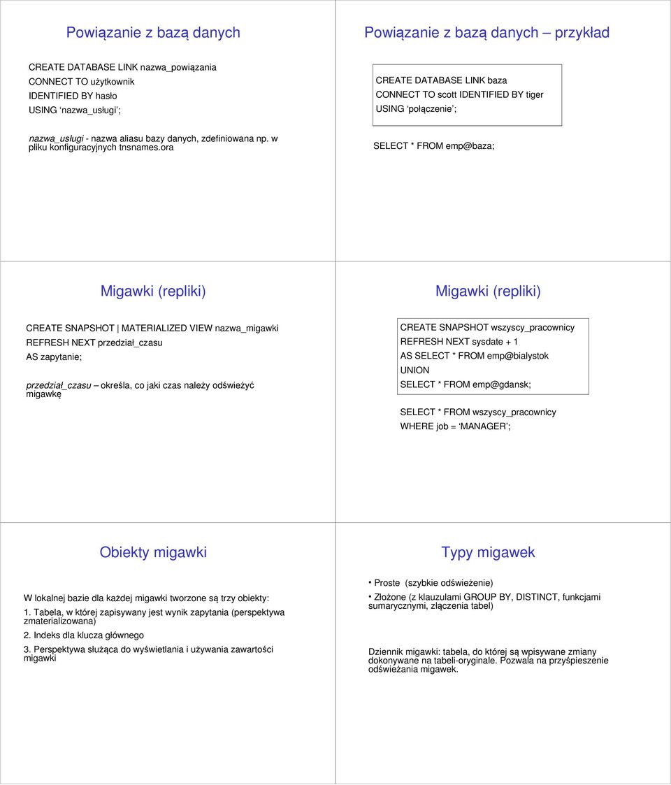 ora SELECT * FROM emp@baza; Migawki (repliki) Migawki (repliki) CREATE SNAPSHOT MATERIALIZED VIEW nazwa_migawki REFRESH NEXT przedział_czasu AS zapytanie; przedział_czasu określa, co jaki czas należy