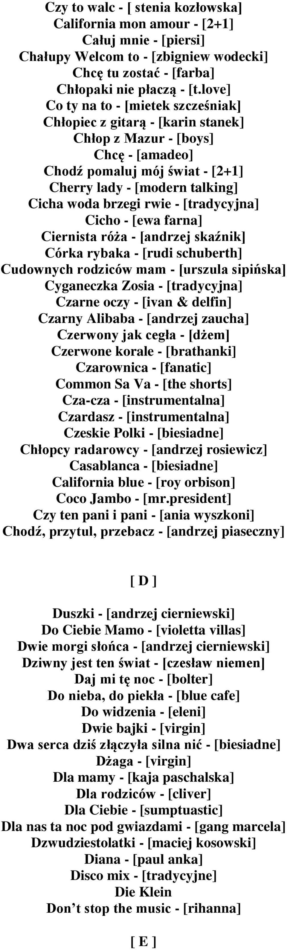 - [tradycyjna] Cicho - [ewa farna] Ciernista róża - [andrzej skaźnik] Córka rybaka - [rudi schuberth] Cudownych rodziców mam - [urszula sipińska] Cyganeczka Zosia - [tradycyjna] Czarne oczy - [ivan &