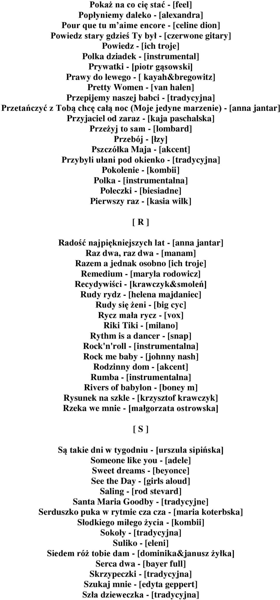 marzenie) - [anna jantar] Przyjaciel od zaraz - [kaja paschalska] Przeżyj to sam - [lombard] Przebój - [łzy] Pszczółka Maja - [akcent] Przybyli ułani pod okienko - [tradycyjna] Pokolenie - [kombii]