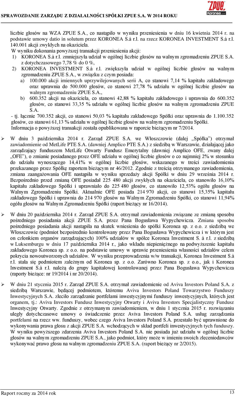 à r.l. zwiększyła udział w ogólnej liczbie głosów na walnym zgromadzeniu ZPUE S.A., w związku z czym posiada: a) 100.