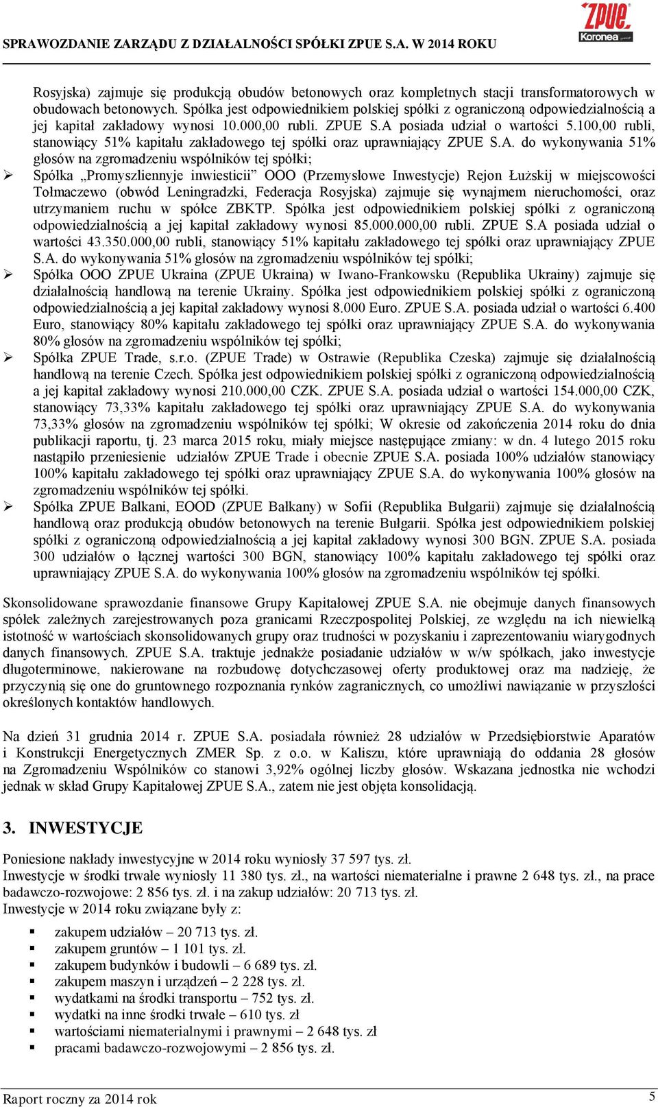 100,00 rubli, stanowiący 51% kapitału zakładowego tej spółki oraz uprawniający ZPUE S.A.