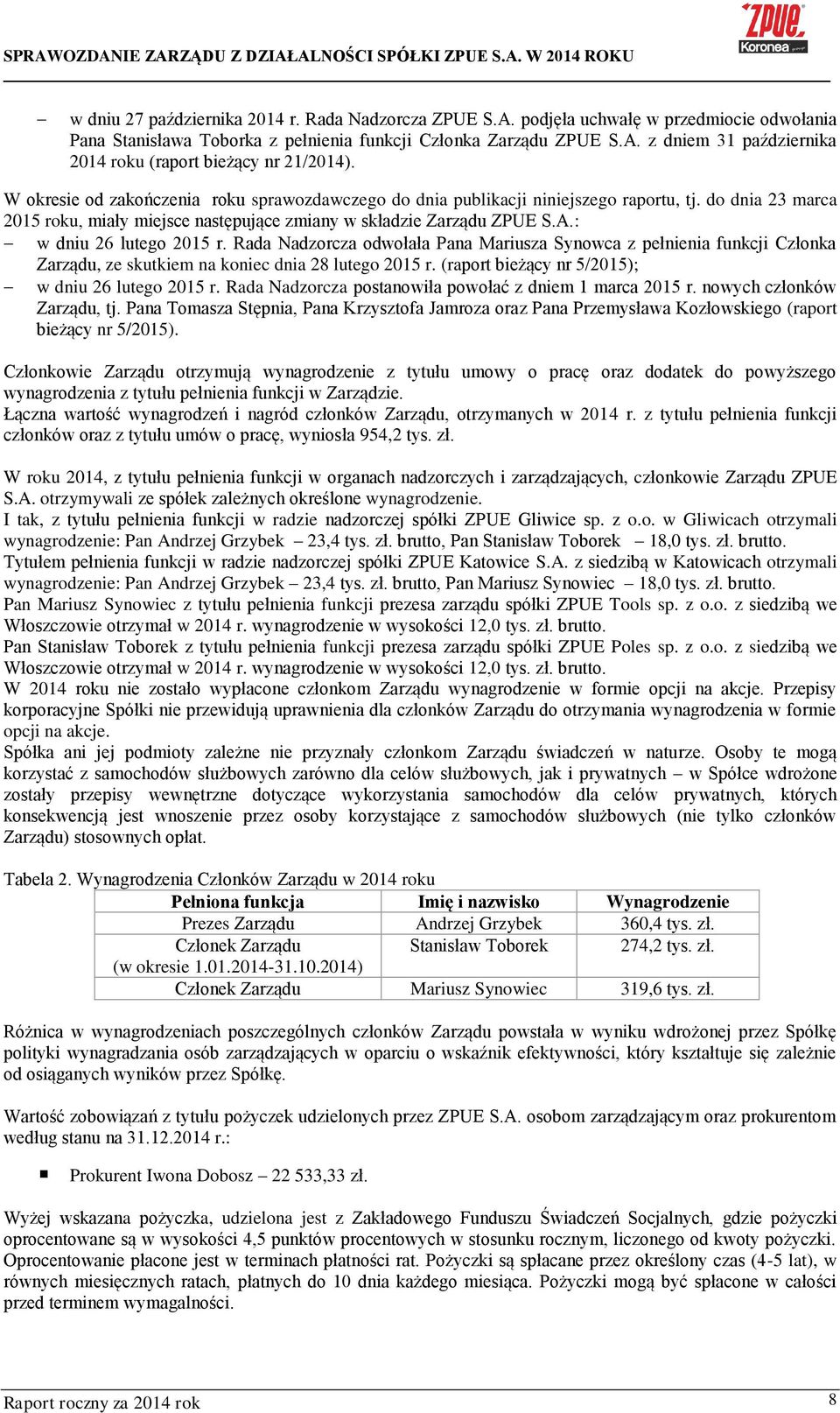 : w dniu 26 lutego 2015 r. Rada Nadzorcza odwołała Pana Mariusza Synowca z pełnienia funkcji Członka Zarządu, ze skutkiem na koniec dnia 28 lutego 2015 r.