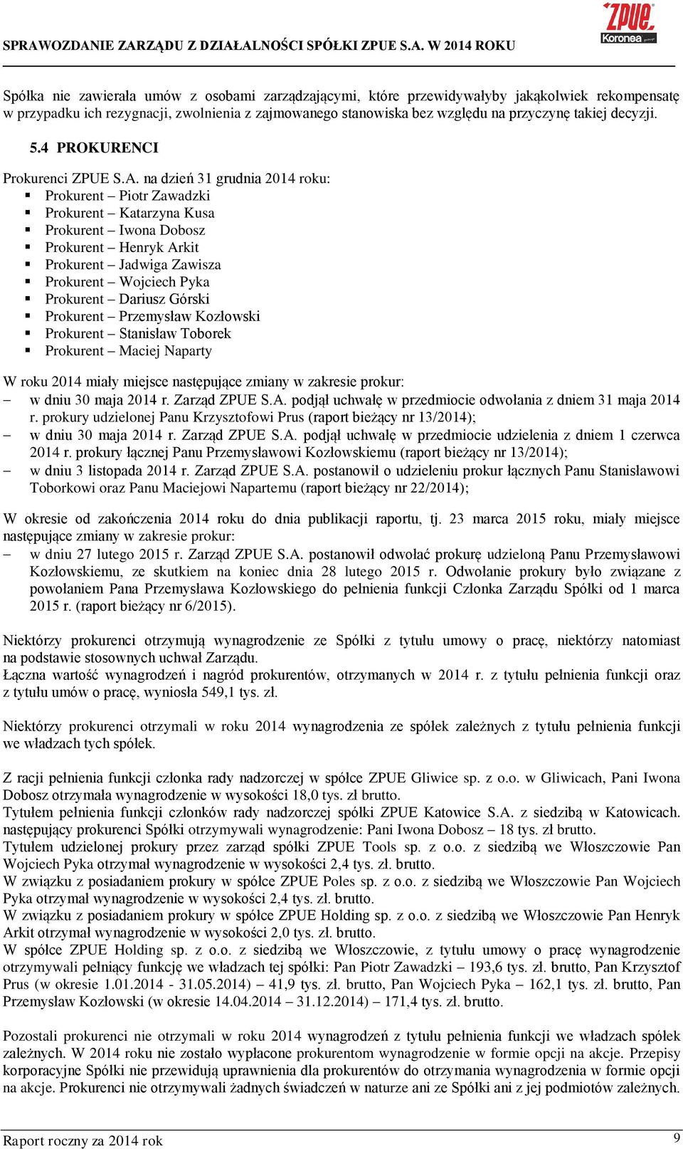 na dzień 31 grudnia 2014 roku: Prokurent Piotr Zawadzki Prokurent Katarzyna Kusa Prokurent Iwona Dobosz Prokurent Henryk Arkit Prokurent Jadwiga Zawisza Prokurent Wojciech Pyka Prokurent Dariusz