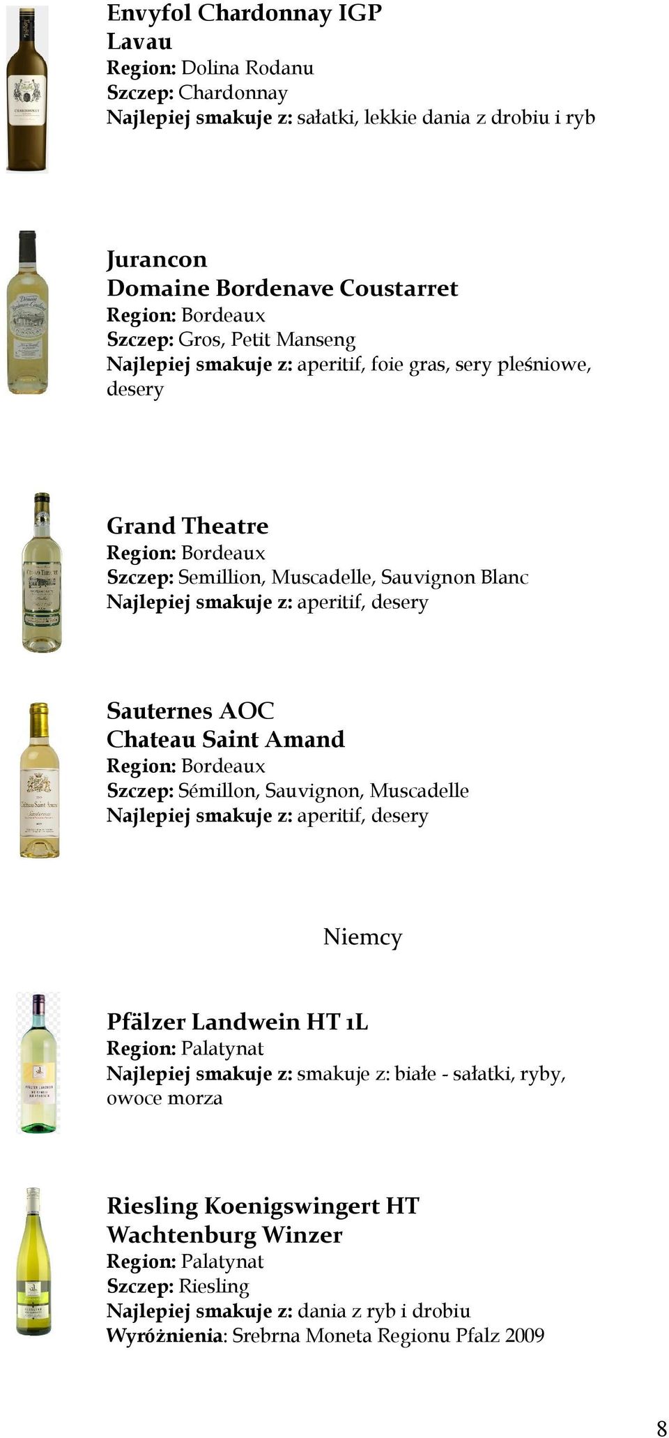 Sauternes AOC Chateau Saint Amand Region: Bordeaux Szczep: Sémillon, Sauvignon, Muscadelle Najlepiej smakuje z: aperitif, desery Niemcy Pfälzer Landwein HT 1L Region: Palatynat Najlepiej smakuje z: