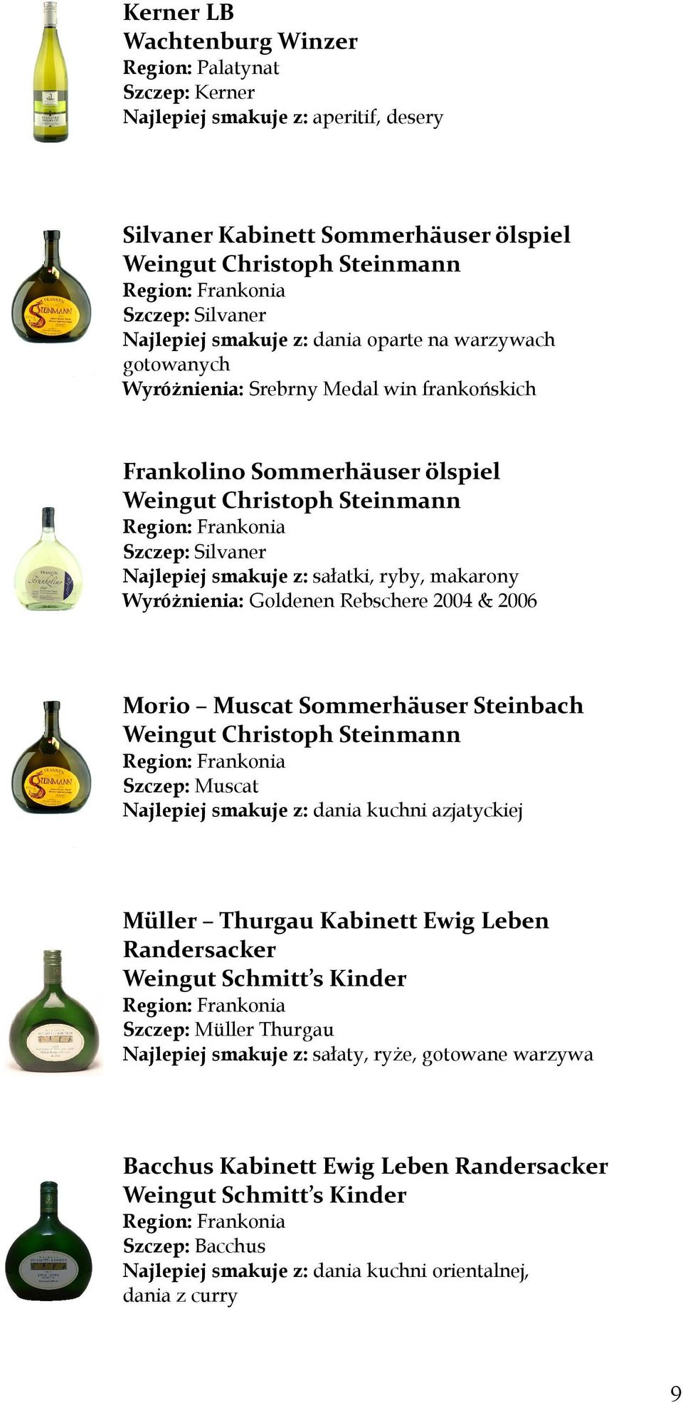 Silvaner Najlepiej smakuje z: sałatki, ryby, makarony Wyróżnienia: Goldenen Rebschere 2004 & 2006 Morio Muscat Sommerhäuser Steinbach Weingut Christoph Steinmann Region: Frankonia Szczep: Muscat