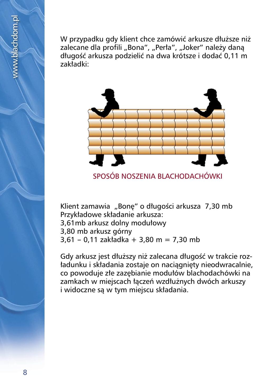 0,11 m zakładki: SPOSÓB NOSZENIA BLACHODACHÓWKI Klient zamawia Bonę o długości arkusza 7,30 mb Przykładowe składanie arkusza: 3,61mb arkusz dolny modułowy 3,80 mb