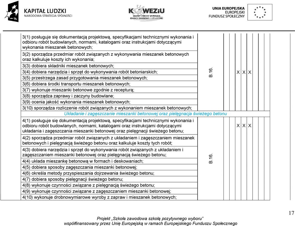 wykonywania robót betoniarskich; 3(5) przestrzega zasad przygotowania mieszanek betonowych; 3(6) dobiera środki transportu mieszanek betonowych; 3(7) wykonuje mieszanki betonowe zgodnie z recepturą;