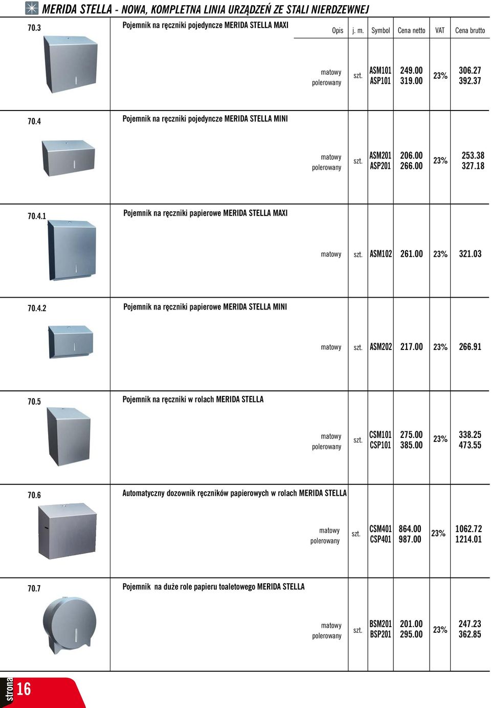 03 70.4.2 Pojemnik na ręczniki papierowe MERIDA STELLA MINI matowy ASM202 217.00 266.91 70.5 Pojemnik na ręczniki w rolach MERIDA STELLA matowy polerowany CSM101 CSP101 275.00 385.00 338.25 473.55 70.